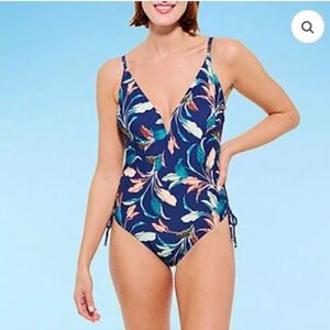 Mynah One Piece  V-Neck Side Ties Swimsuit Navy Floral Size XL NWT